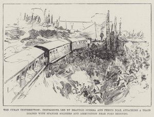 The Cuban Insurrection, Insurgents led by Brauilio Guerra and Perico Diaz attacking a Train loaded with Spanish Soldiers and Ammunition near Pozo Redondo by Henry Charles Seppings Wright